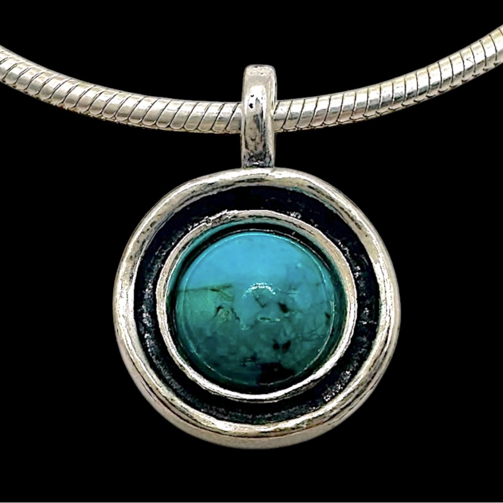 Vintage Sterling Silver Round Chain, Israeli Turquoise Circle Pendant Necklace